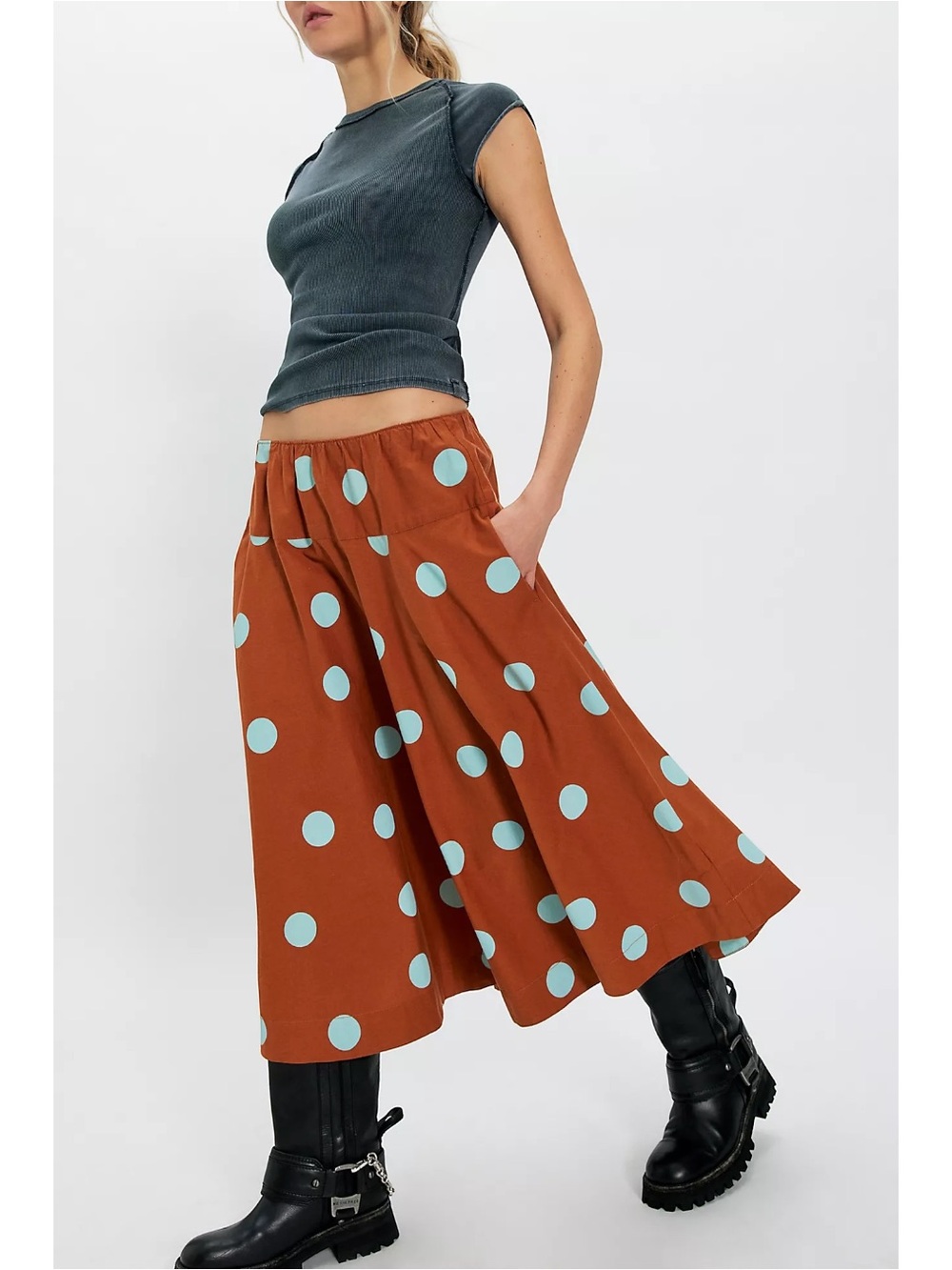 Free People Betty Drop Waist Midi Skirt in Brown Polka Dot Size Large NWT